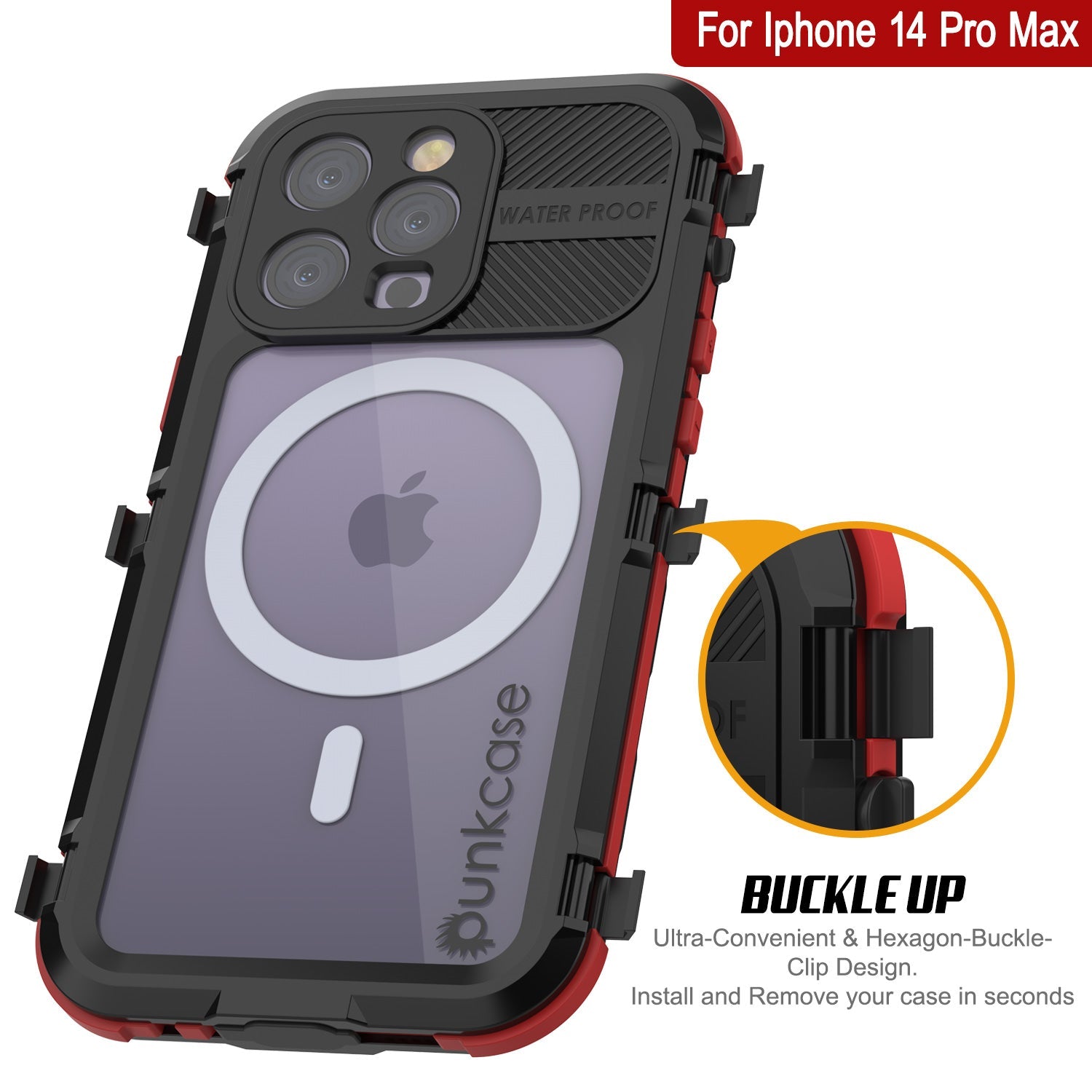 Capa à prova d'água em alumínio da série Metal Extreme 2.0 para iPhone 14 Pro Max IP68 com protetor de tela embutido [Preto-Vermelho]