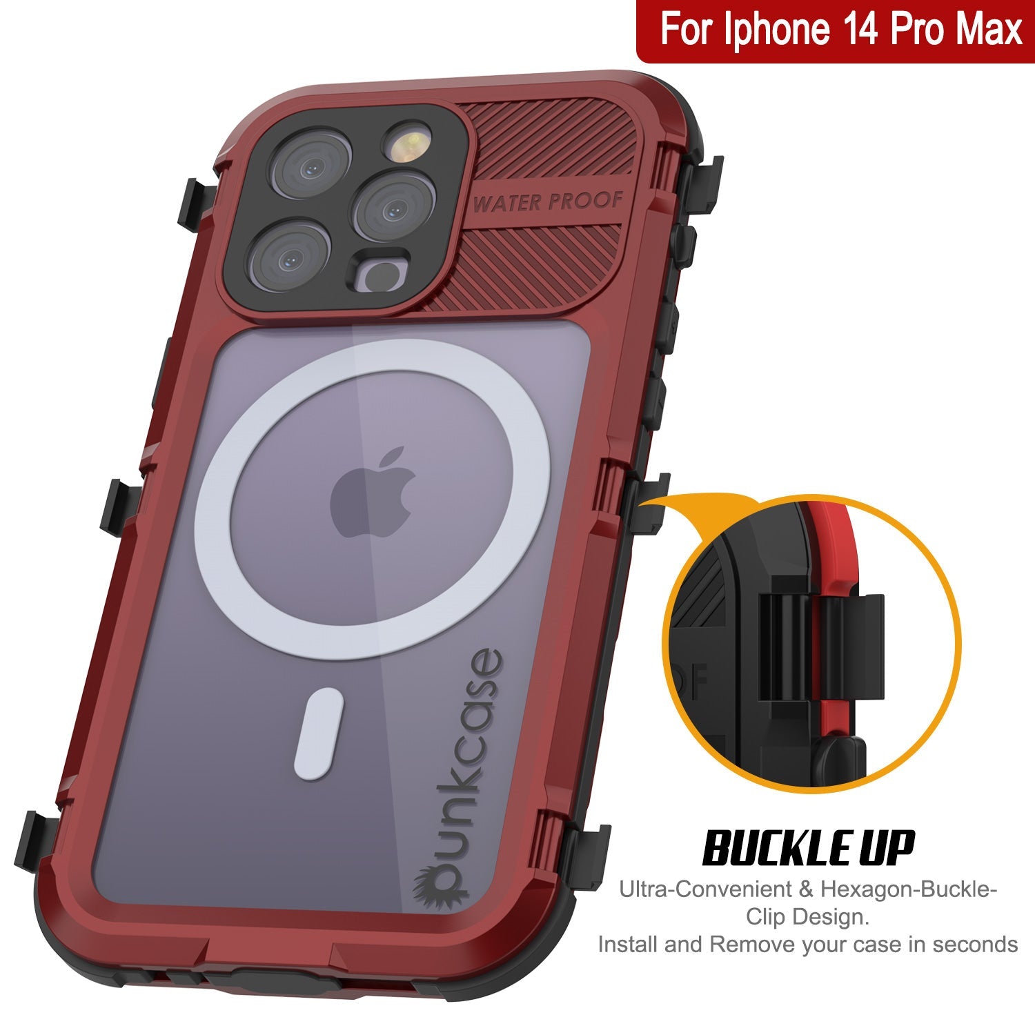 Capa à prova d'água em alumínio da série Metal Extreme 2.0 para iPhone 14 Pro Max com protetor de tela embutido IP68 [Vermelho-Preto]