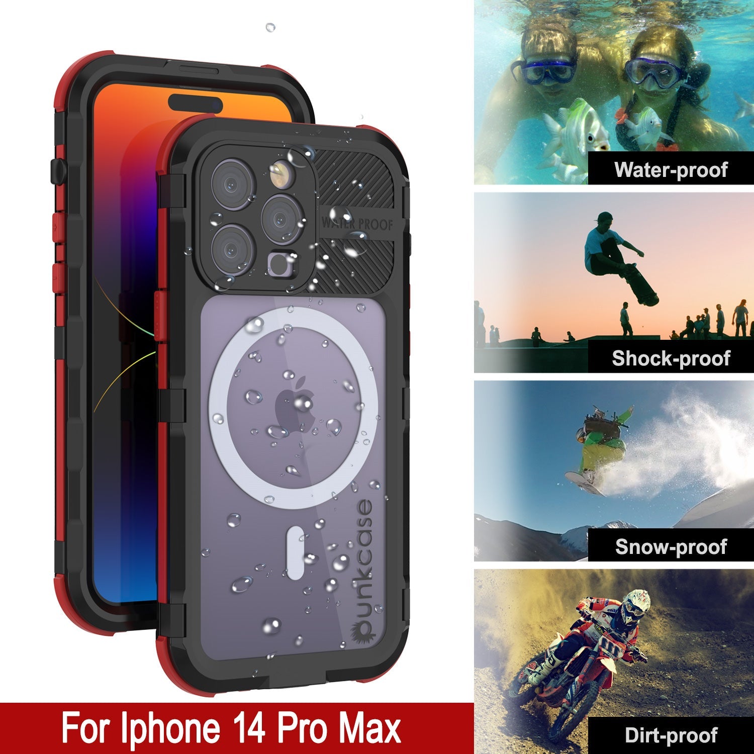 Capa à prova d'água em alumínio da série Metal Extreme 2.0 para iPhone 14 Pro Max IP68 com protetor de tela embutido [Preto-Vermelho]