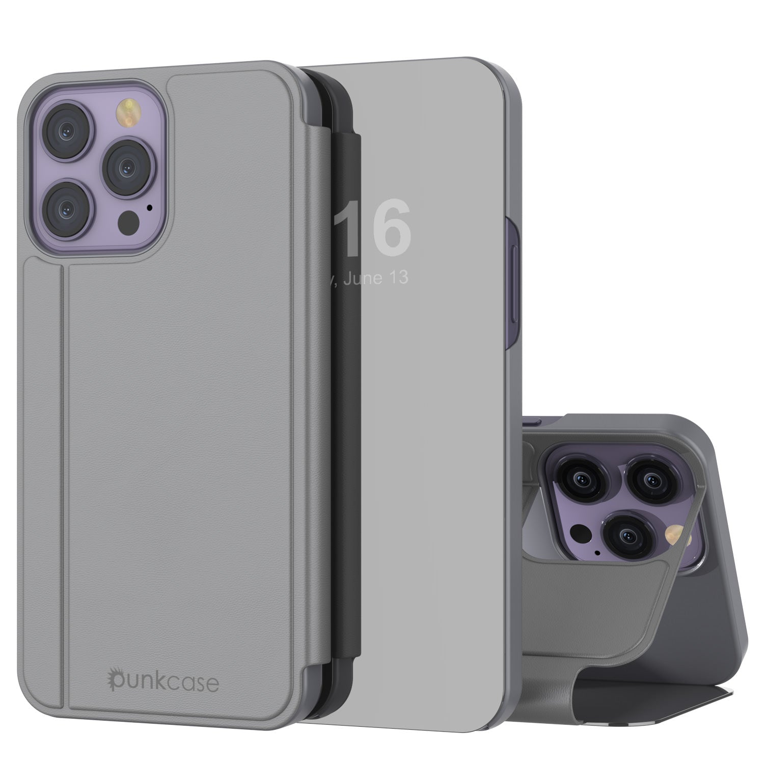 Capa protetora Punkcase para iPhone 14 Pro com flip cover refletora [prateada]