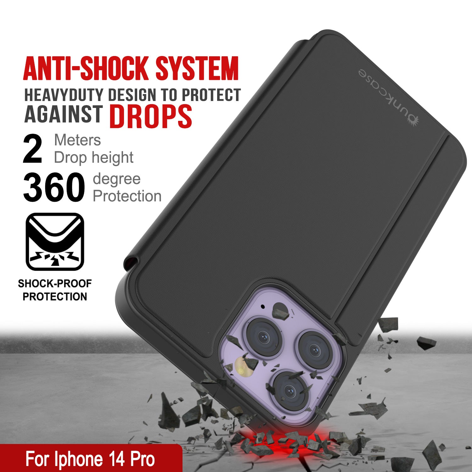 Capa protetora Punkcase iPhone 14 Pro Reflector Flip Cover [Preto]