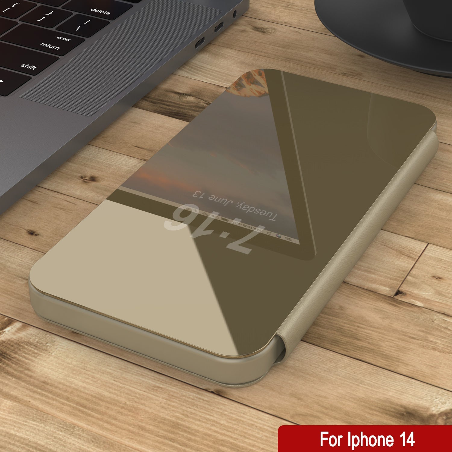 Capa Protetora Punkcase para iPhone 14 com Flip Cover Refletor [Dourado]