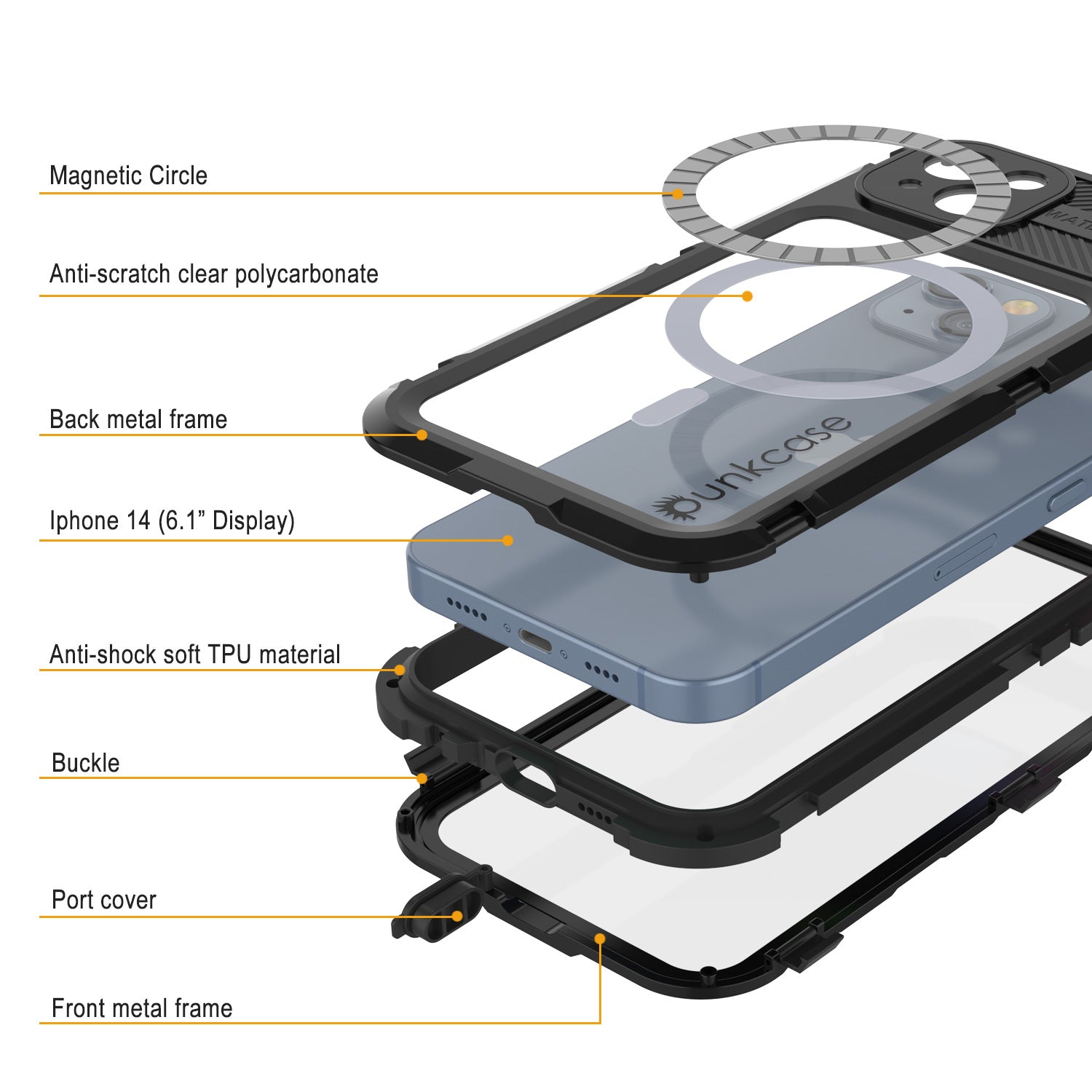 Capa à prova d'água de alumínio da série iPhone 14 Metal Extreme 2.0 IP68 com protetor de tela embutido [Preto]