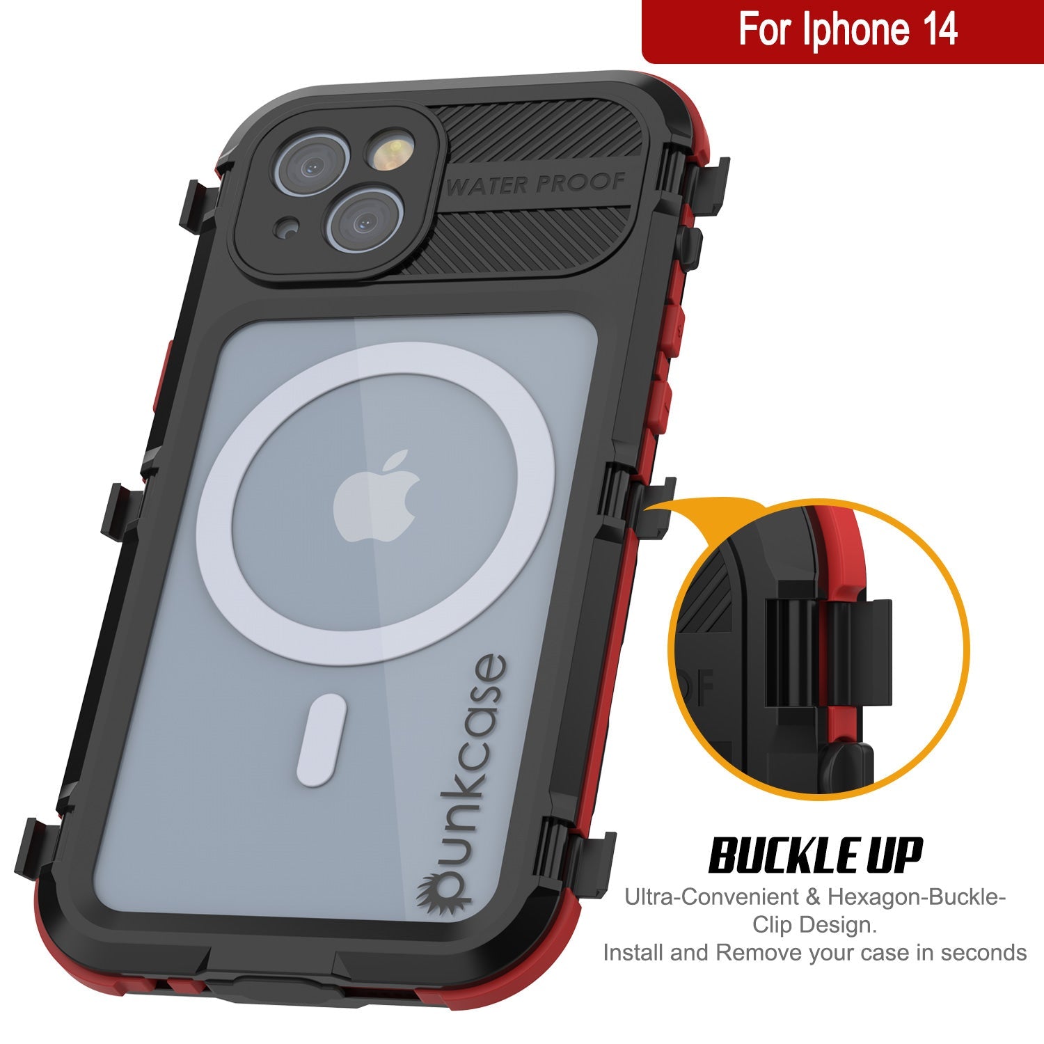 Capa à prova d'água de alumínio série Metal Extreme 2.0 para iPhone 14 com Protetor de Tela Embutido IP68 [Preto-Vermelho]