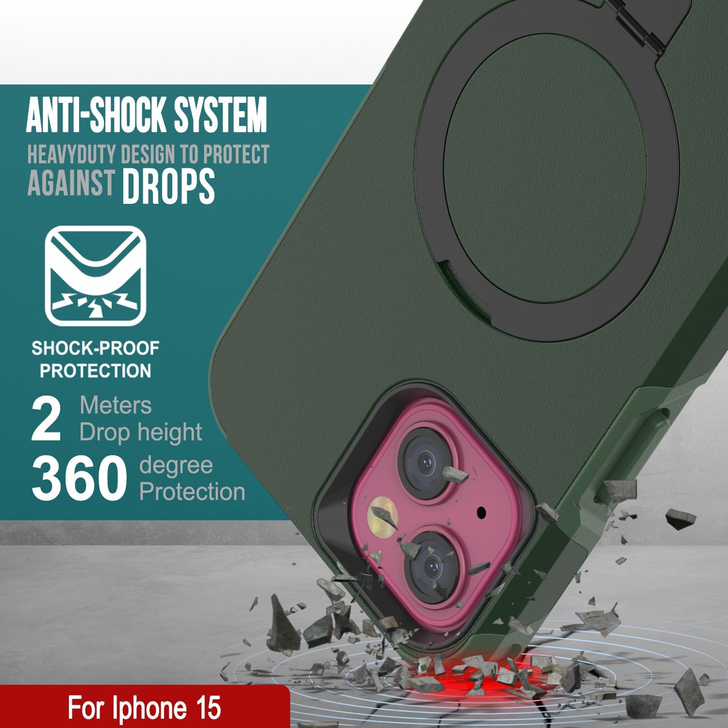 PunkCase iPhone 15 Case, [Spartan 2.0 Series] Clear Rugged Heavy Duty Cover W/Built in Screen Protector [dark green]
