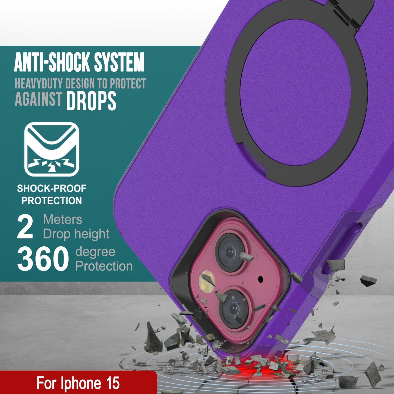 PunkCase iPhone 15 Case, [Spartan 2.0 Series] Clear Rugged Heavy Duty Cover W/Built in Screen Protector [purple]