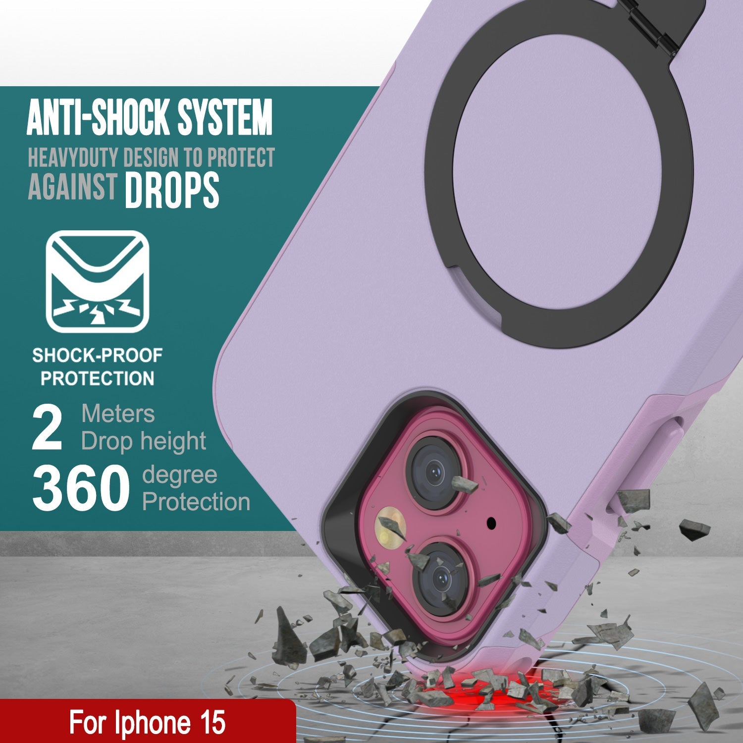 PunkCase iPhone 15 Case, [Spartan 2.0 Series] Clear Rugged Heavy Duty Cover W/Built in Screen Protector [lilac]
