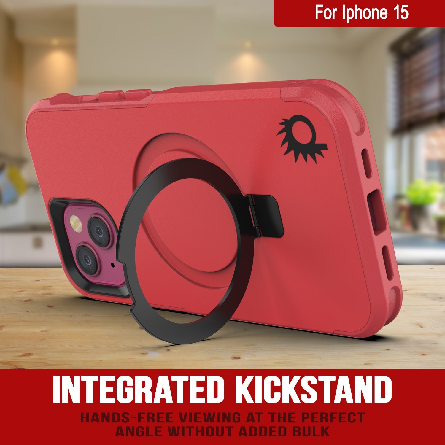 PunkCase iPhone 15 Case, [Spartan 2.0 Series] Clear Rugged Heavy Duty Cover W/Built in Screen Protector [red]