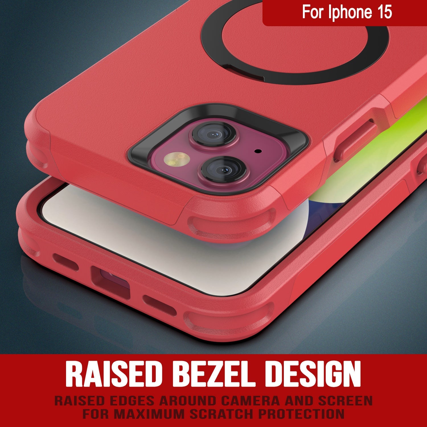 PunkCase iPhone 15 Case, [Spartan 2.0 Series] Clear Rugged Heavy Duty Cover W/Built in Screen Protector [red]
