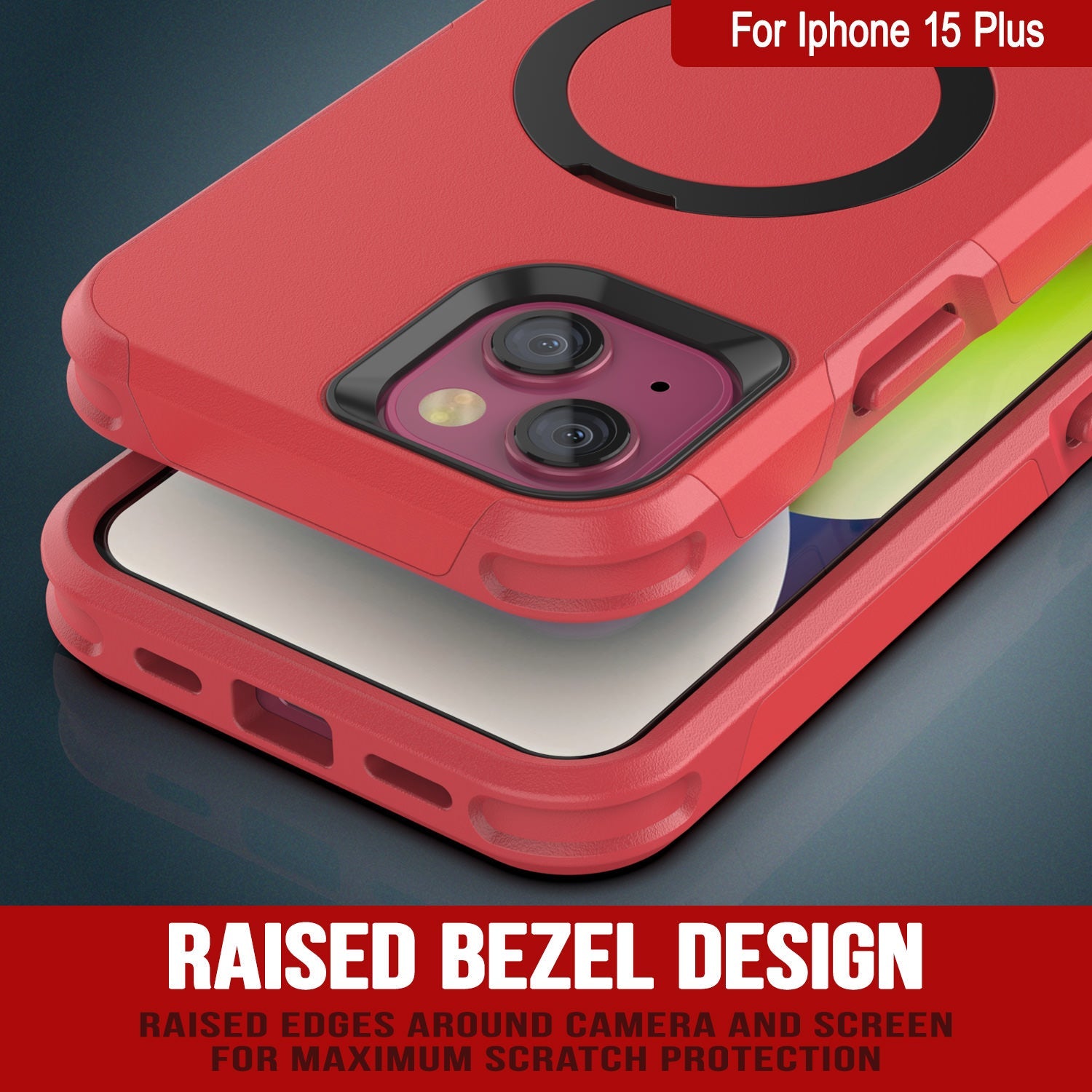 PunkCase iPhone 15 Plus Case, [Spartan 2.0 Series] Clear Rugged Heavy Duty Cover W/Built in Screen Protector [red]