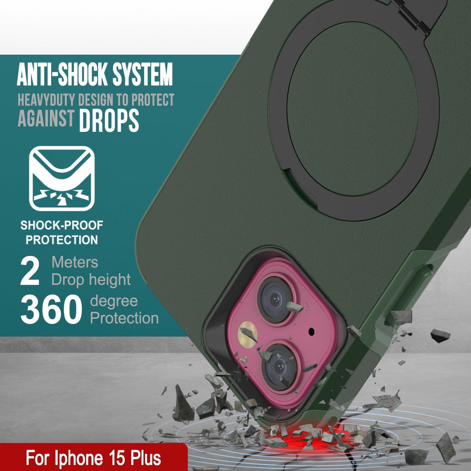 PunkCase iPhone 15 Plus Case, [Spartan 2.0 Series] Clear Rugged Heavy Duty Cover W/Built in Screen Protector [dark green]