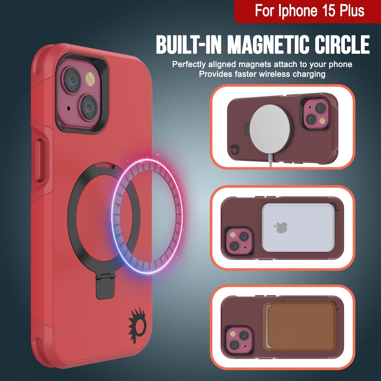 PunkCase iPhone 15 Plus Case, [Spartan 2.0 Series] Clear Rugged Heavy Duty Cover W/Built in Screen Protector [red]