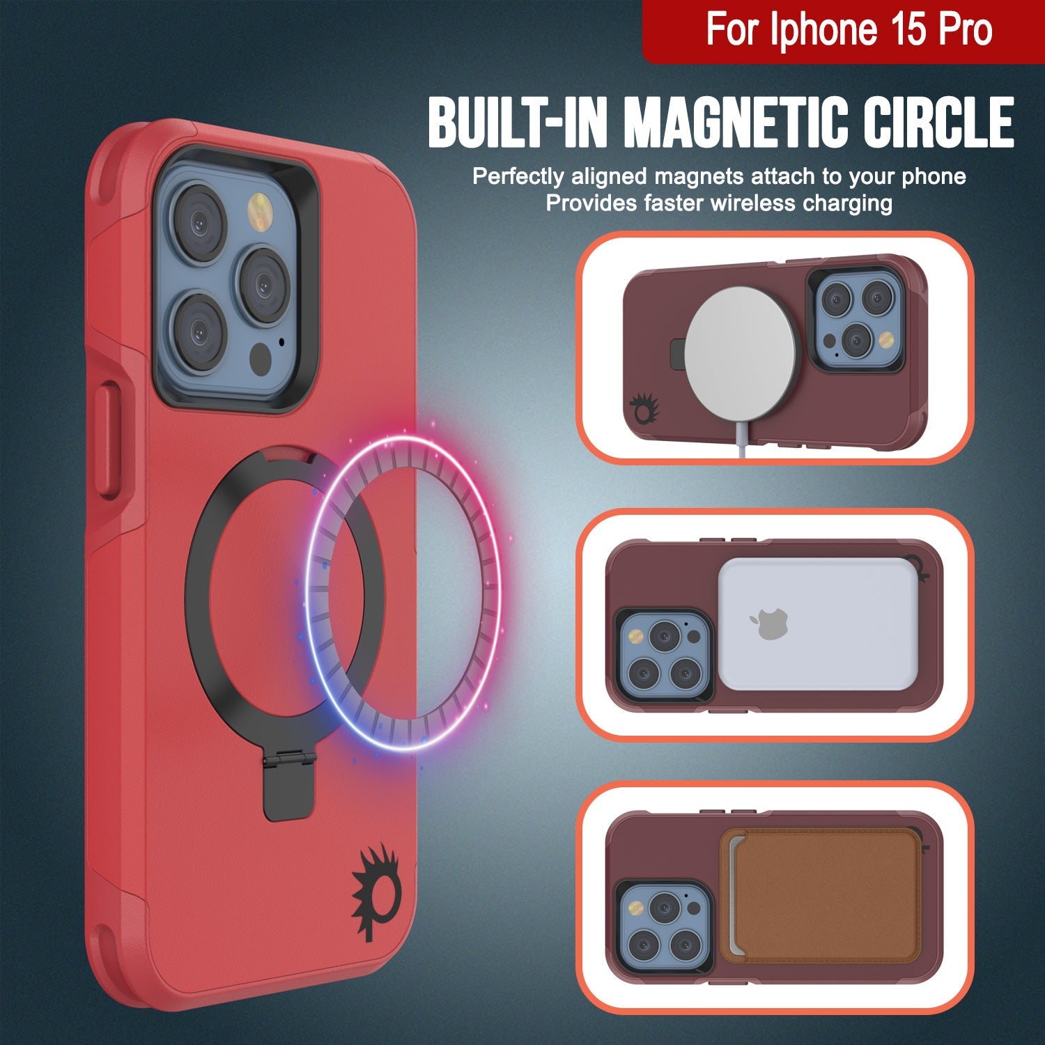 PunkCase iPhone 15 Pro Case, [Spartan 2.0 Series] Clear Rugged Heavy Duty Cover W/Built in Screen Protector [red]