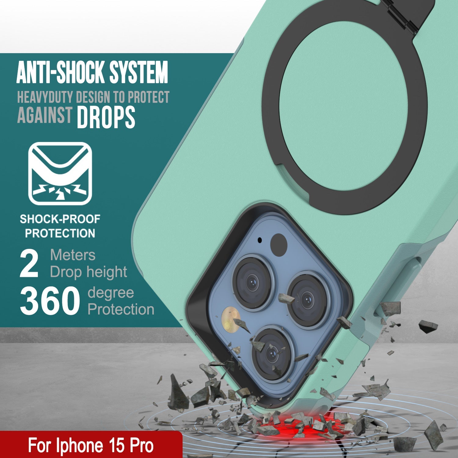 PunkCase iPhone 15 Pro Case, [Spartan 2.0 Series] Clear Rugged Heavy Duty Cover W/Built in Screen Protector [teal]