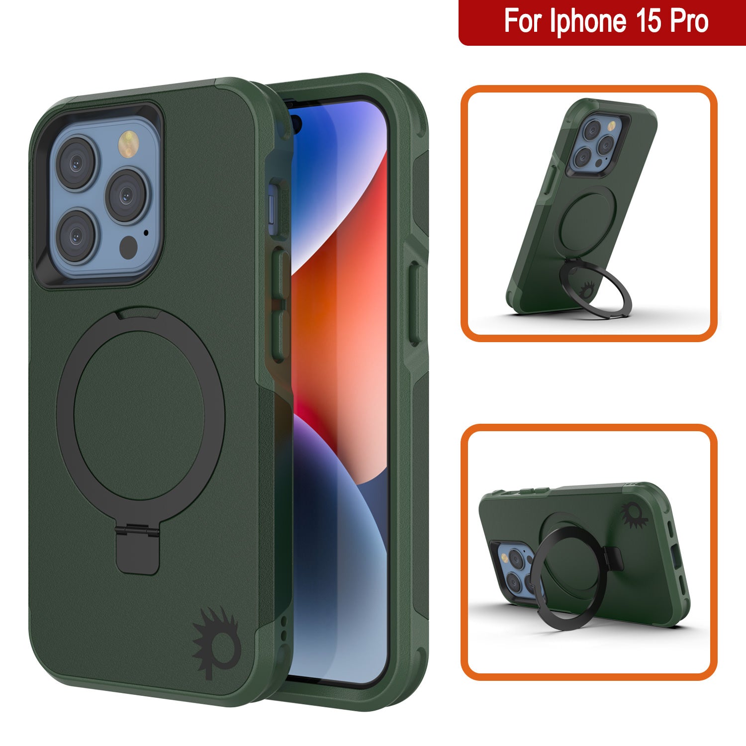 PunkCase iPhone 15 Pro Case, [Spartan 2.0 Series] Clear Rugged Heavy Duty Cover W/Built in Screen Protector [dark green]