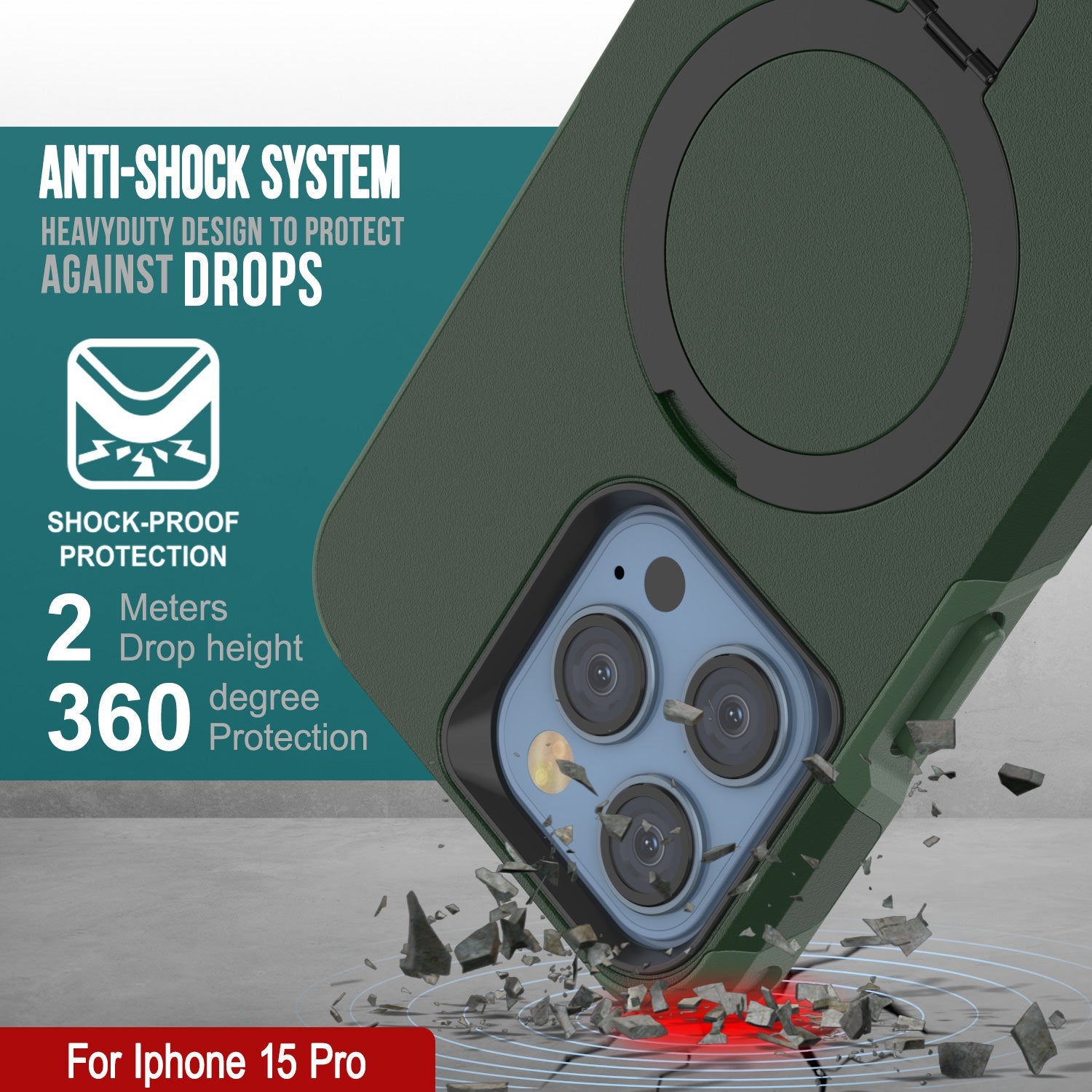 PunkCase iPhone 15 Pro Case, [Spartan 2.0 Series] Clear Rugged Heavy Duty Cover W/Built in Screen Protector [dark green]