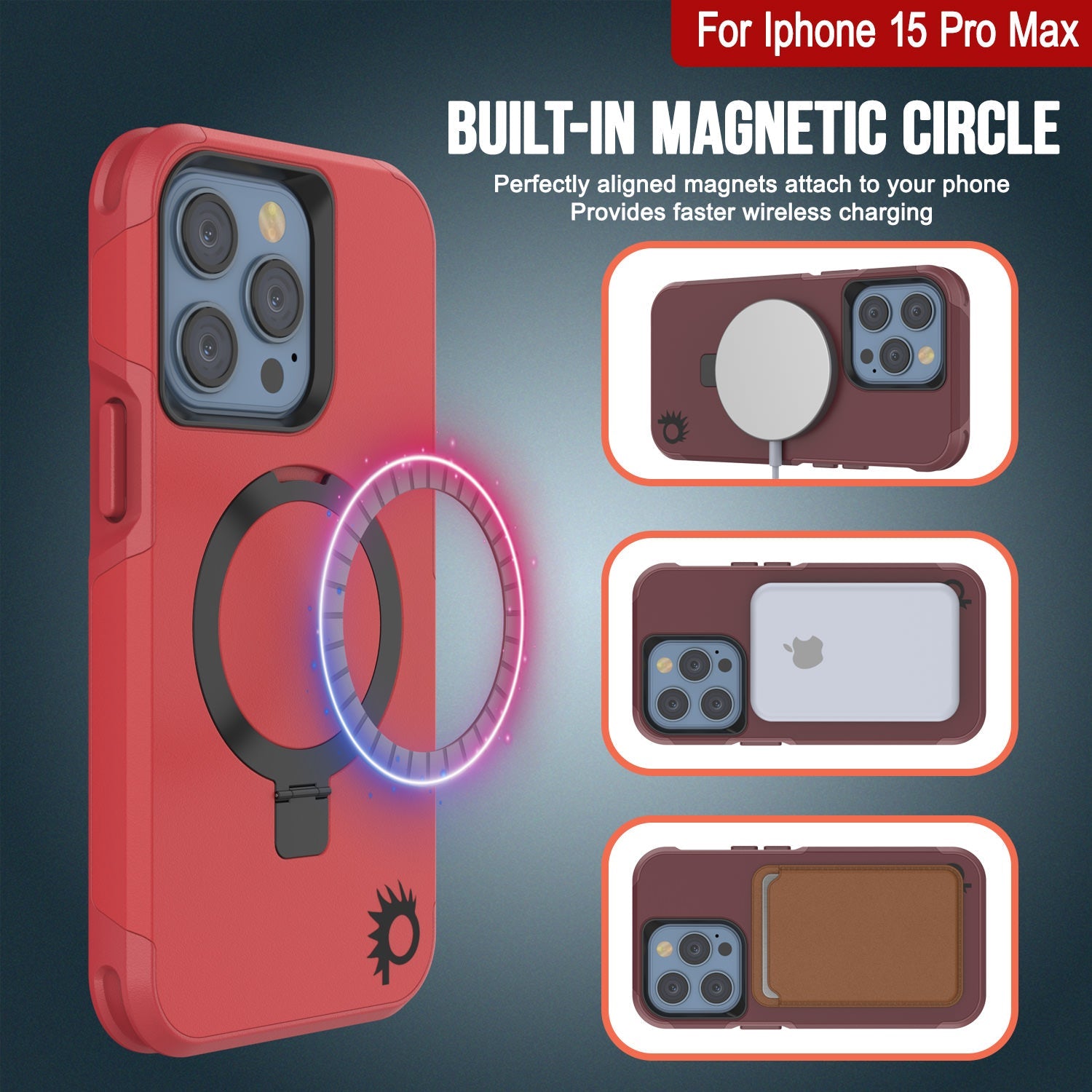 PunkCase iPhone 15 Pro Max Case, [Spartan 2.0 Series] Clear Rugged Heavy Duty Cover W/Built in Screen Protector [red]