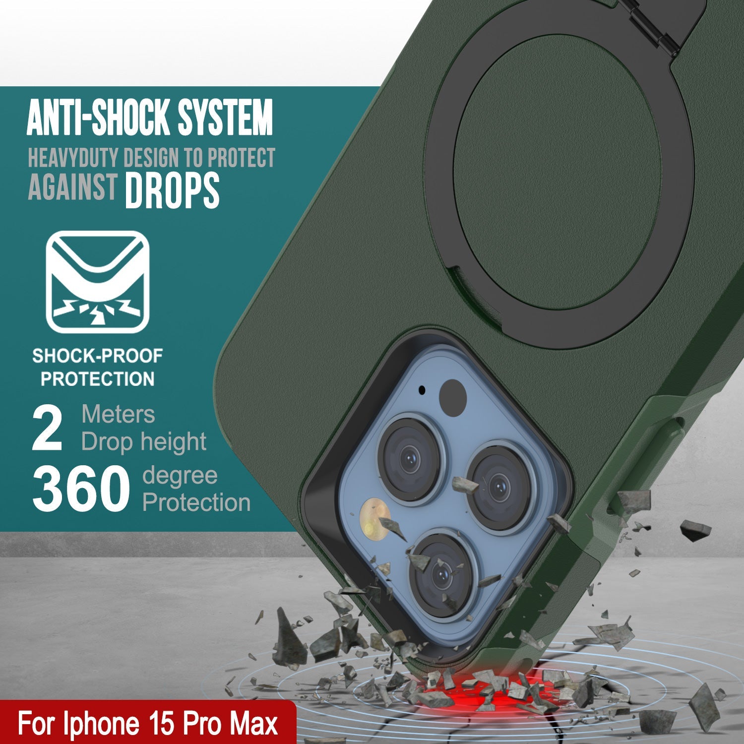 PunkCase iPhone 15 Pro Max Case, [Spartan 2.0 Series] Clear Rugged Heavy Duty Cover W/Built in Screen Protector [dark green]