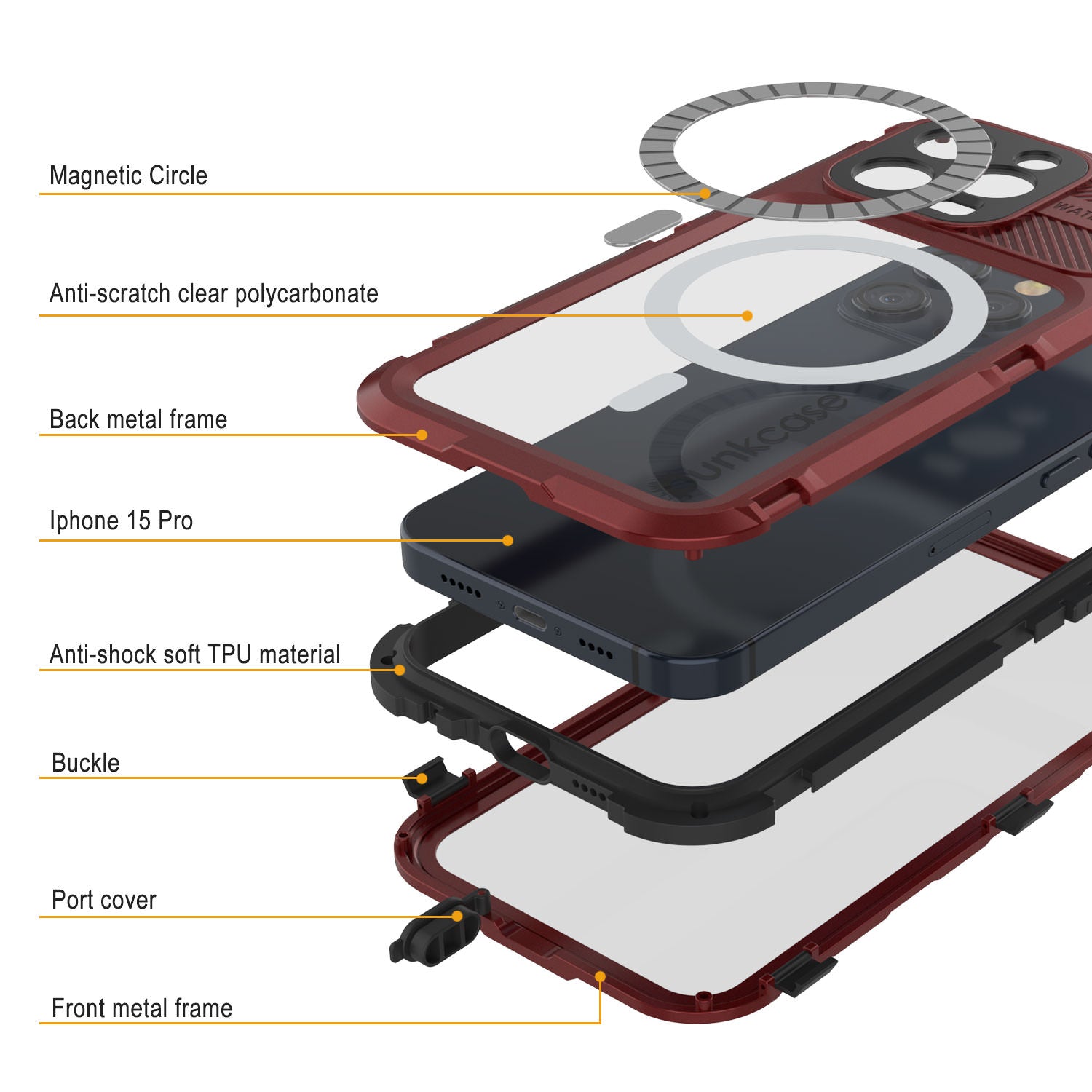 iPhone 15 Pro Metal Extreme 2.0 Series Aluminum Waterproof Case IP68 W/Buillt in Screen Protector [Red-Black]