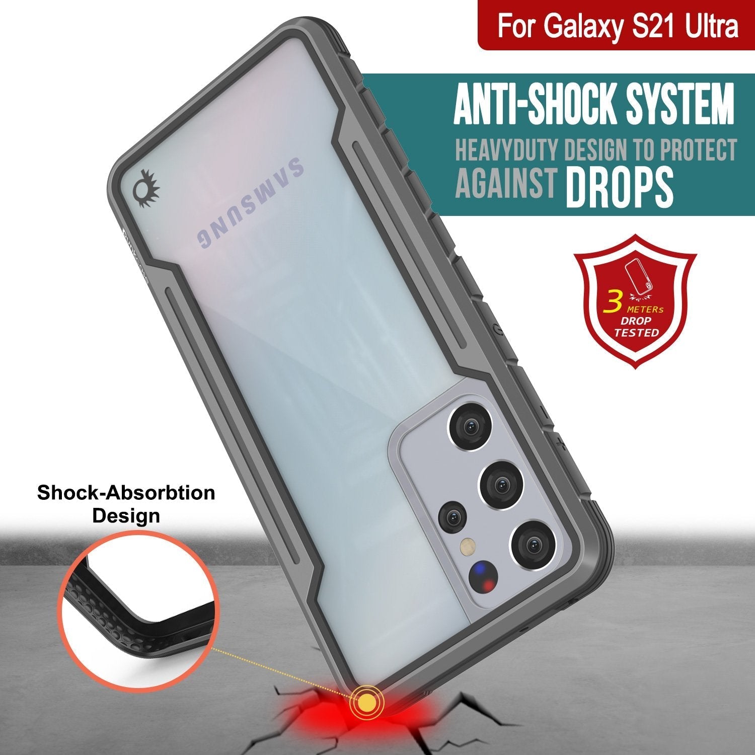 Capa protetora Punkcase S21 Ultra Ravenger Grau-Preto de Grau Militar de Múltiplas Camadas