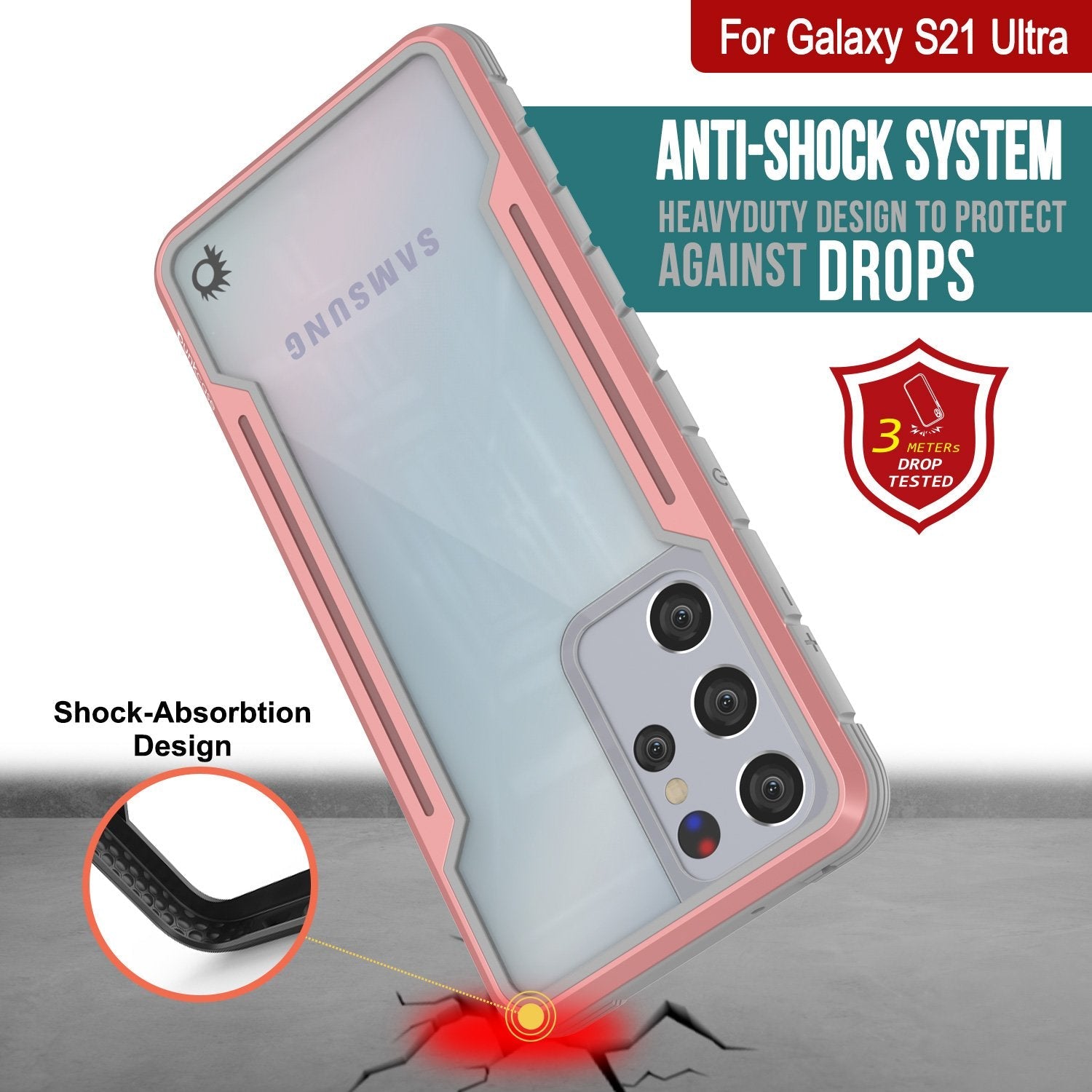 Capa protetora Punkcase S21 Ultra Ravenger em Certificação Militar, em camadas múltiplas [Rose-Gold]