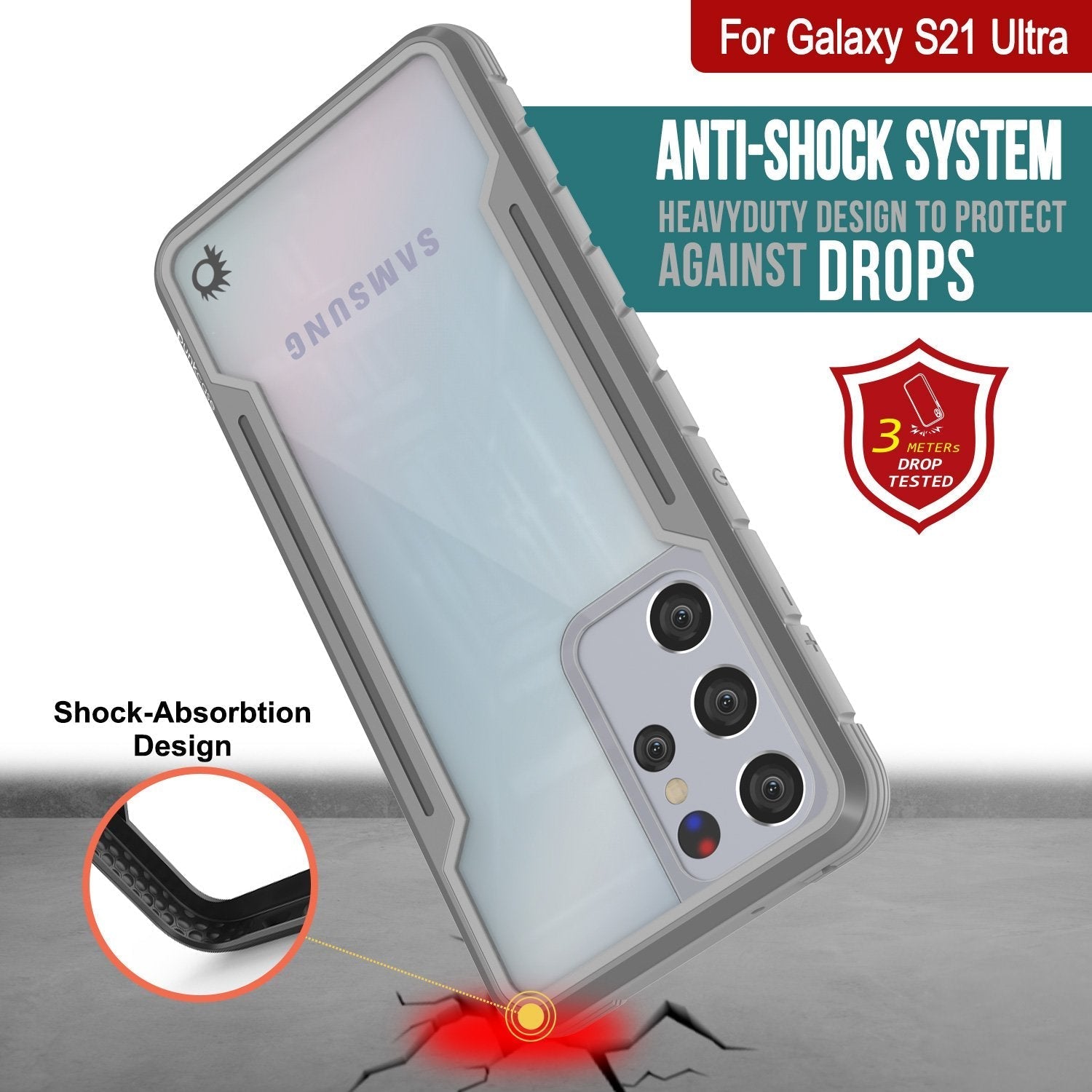 Capa Punkcase S21 Ultra Ravenger Protetora de Grau Militar de Camadas Múltiplas [Cinza]