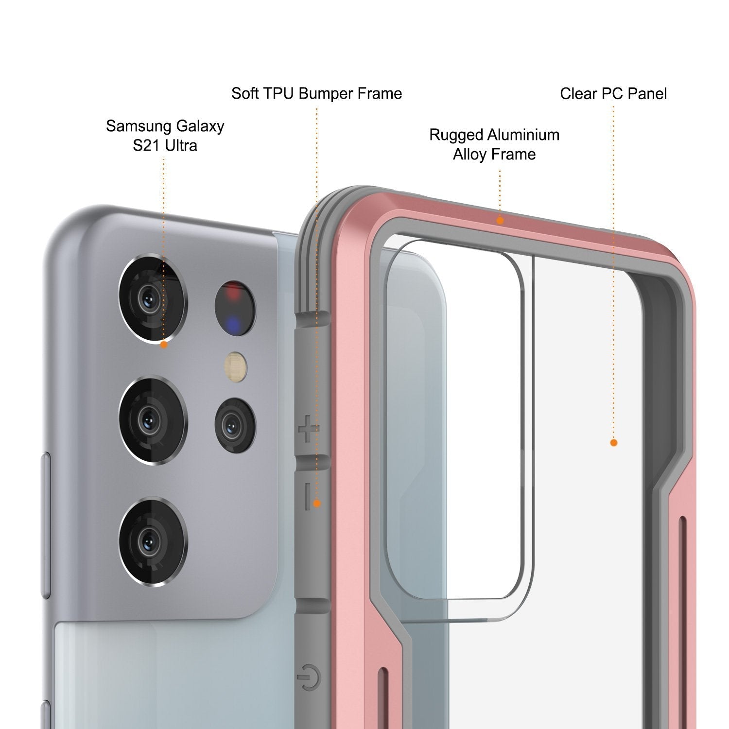 Capa protetora Punkcase S21 Ultra Ravenger em Certificação Militar, em camadas múltiplas [Rose-Gold]