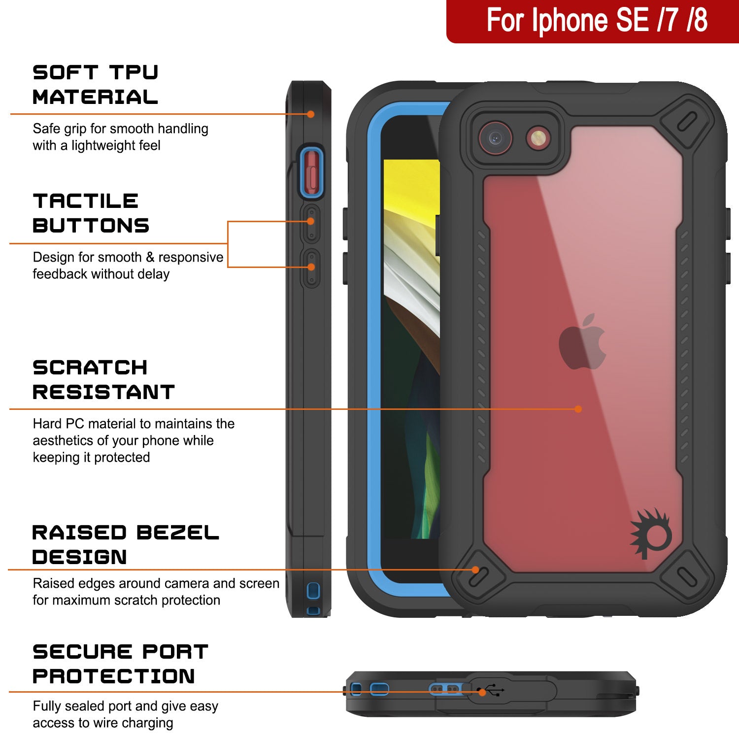Capa à prova d'água IP68 do iPhone 7, Punkcase [Azul] [Série Maximus] [Slim Fit] [Certificado IP68] [Resistente a Choques] Capa de Armadura Transparente com Protetor de Tela | Proteção Total