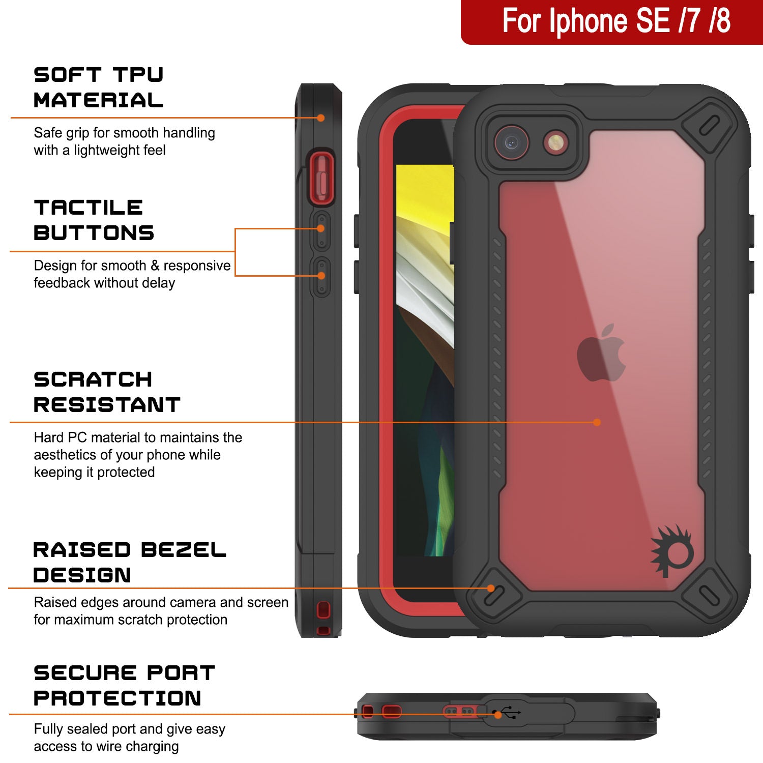 Capa à prova d'água IP68 para iPhone 7, Punkcase [vermelha] [Série Maximus] [Ajuste fino] [Certificada IP68] [Resistente a choques] Capa protetora transparente com protetor de tela | Proteção definitiva