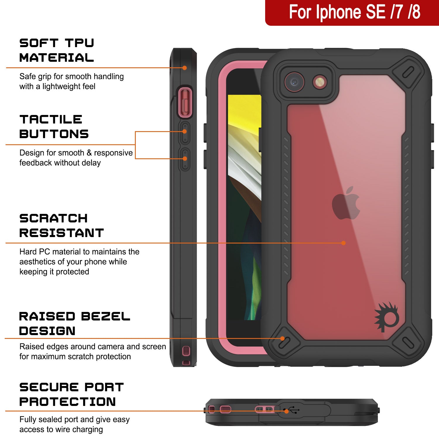 Capa à prova d'água IP68 para iPhone 7, Punkcase [rosa] [Série Maximus] [Ajuste Slim] [Certificado IP68] [À prova de choque] Cobertura de armadura transparente com protetor de tela | Proteção máxima