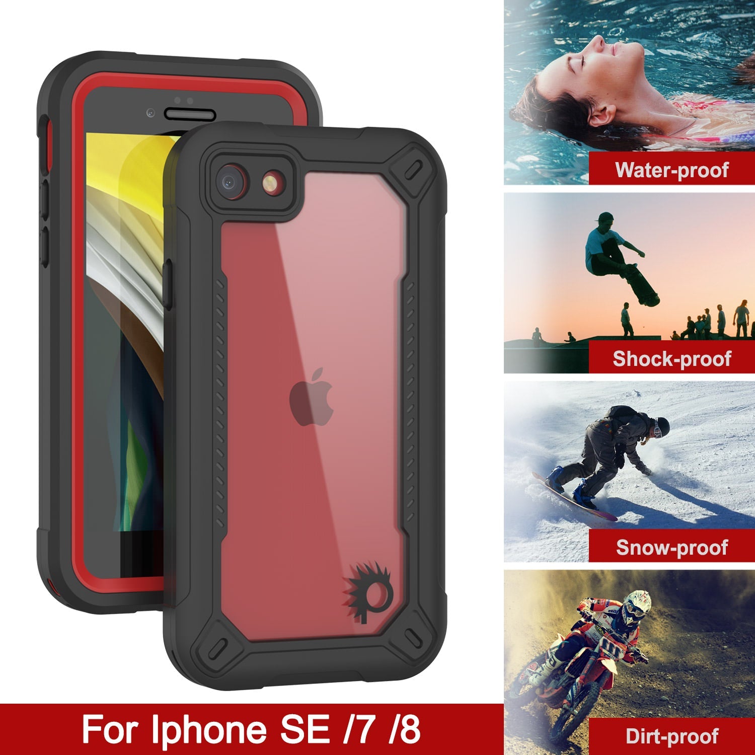 Capa à prova d'água IP68 para iPhone 7, Punkcase [vermelha] [Série Maximus] [Ajuste fino] [Certificada IP68] [Resistente a choques] Capa protetora transparente com protetor de tela | Proteção definitiva
