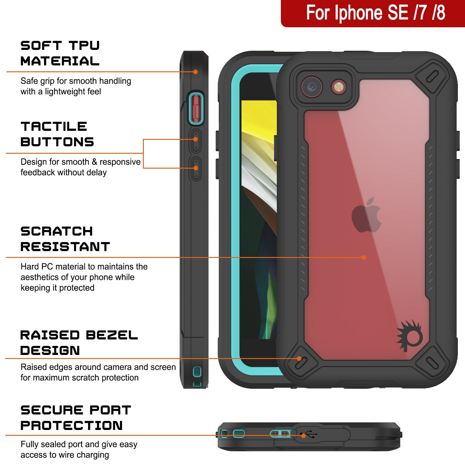 Capa à prova d'água IP68 para iPhone 8, Punkcase [teal] [Série Maximus] [Ajuste Slim] [Certificado IP68] [Resistente a choques] Capa de armadura transparente com protetor de tela | Proteção máxima