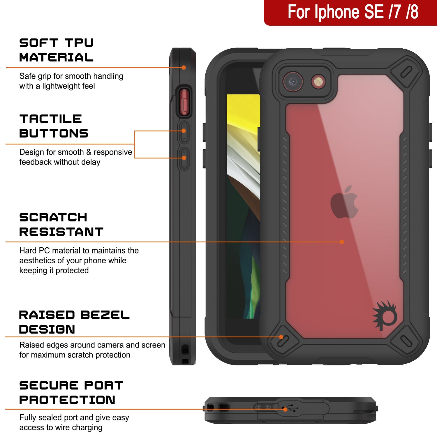 Capa à prova d'água IP68 para iPhone 8, Punkcase [Preto] [Série Maximus] [Ajuste Slim] [Certificado IP68] [Resistente a choques] Capa transparente de armadura com protetor de tela | Proteção máxima