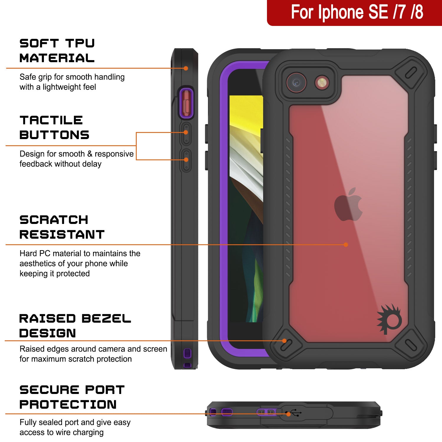 Capa à prova d'água IP68 para iPhone 8, Punkcase [Roxa] [Série Maximus] [Ajuste Slim] [Certificado IP68] [Resistente a Choques] Capa de Armadura Transparente com Protetor de Tela | Proteção Suprema