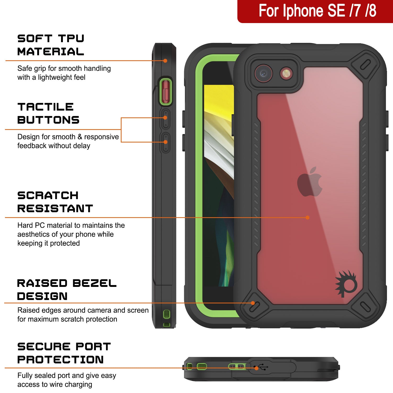 Capa à prova d'água IP68 para iPhone 8, Punkcase [Verde] [Série Maximus] [Slim Fit] [Certificado IP68] [Resistente a Choques] Capa de Armadura Transparente com Protetor de Tela | Proteção Total