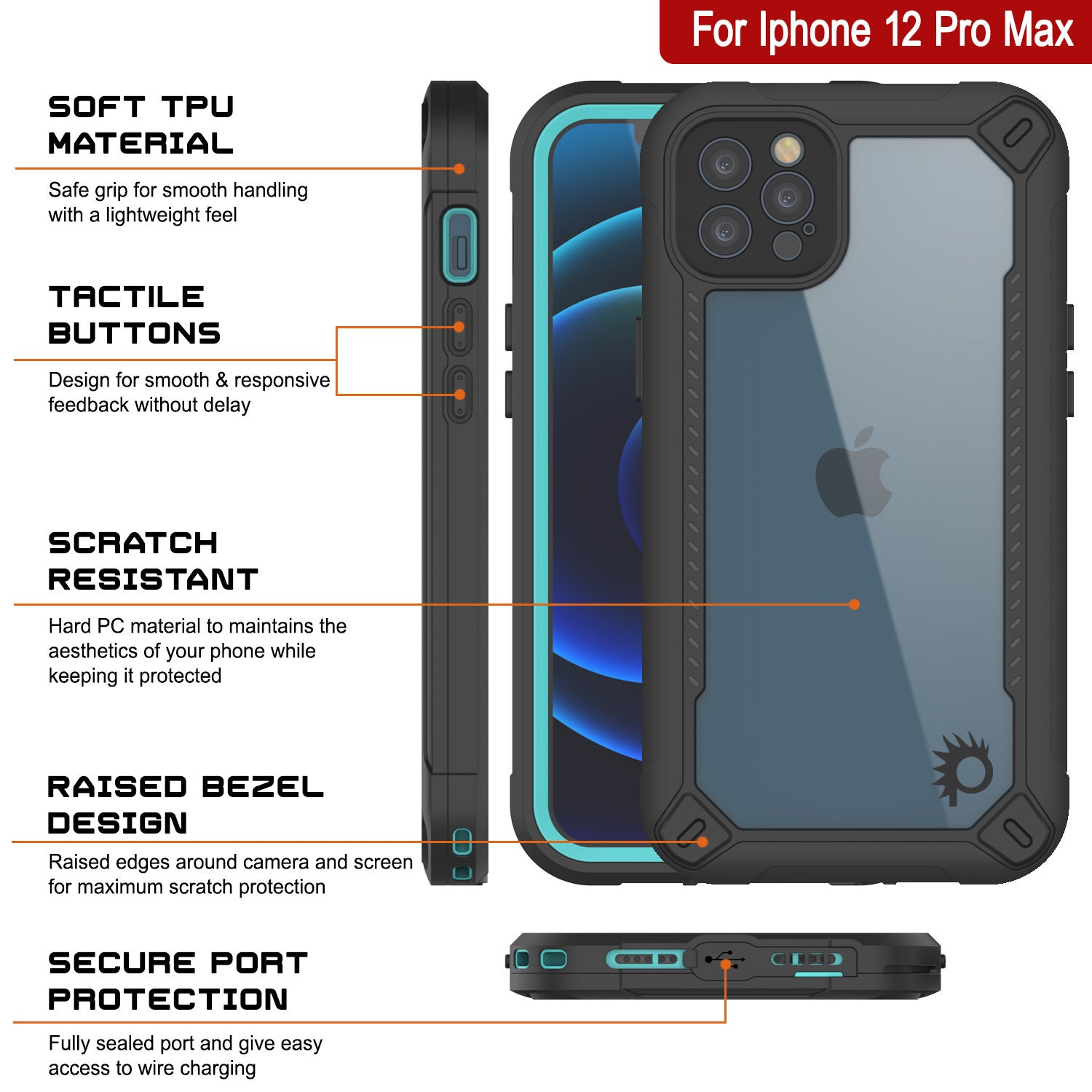Capa à prova d'água IP68 para iPhone 12 Pro Max, Punkcase [teal] [Série Maximus] [Slim Fit] [Certificado IP68] [Resistente a Choques] Capa Transparente com Protetor de Tela | Proteção máxima