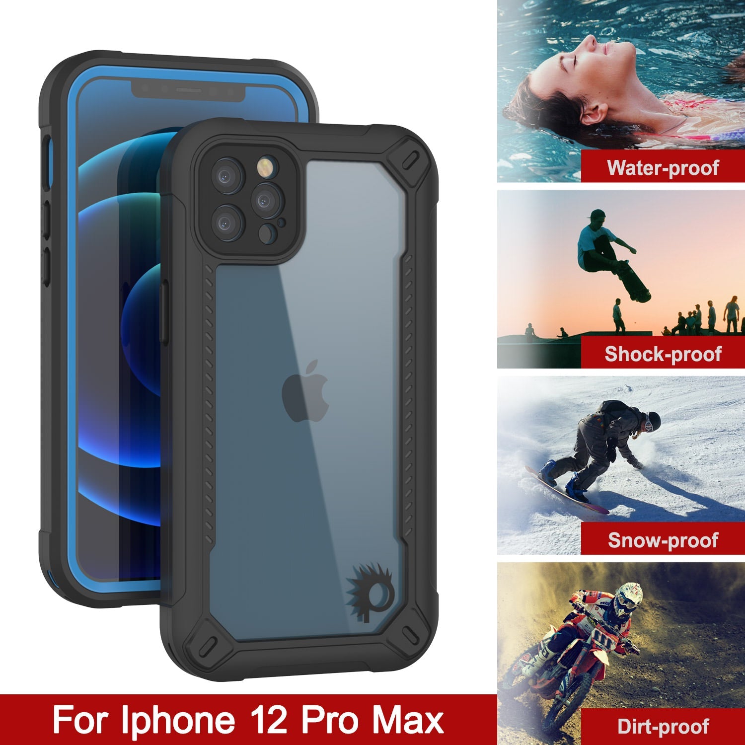 Capa à prova d'água IP68 para iPhone 12 Pro Max, Punkcase [Azul] [Série Maximus] [Ajuste Slim] [Certificado IP68] [Resistente a Choques] Capa Transparente com Protetor de Tela | Proteção Máxima