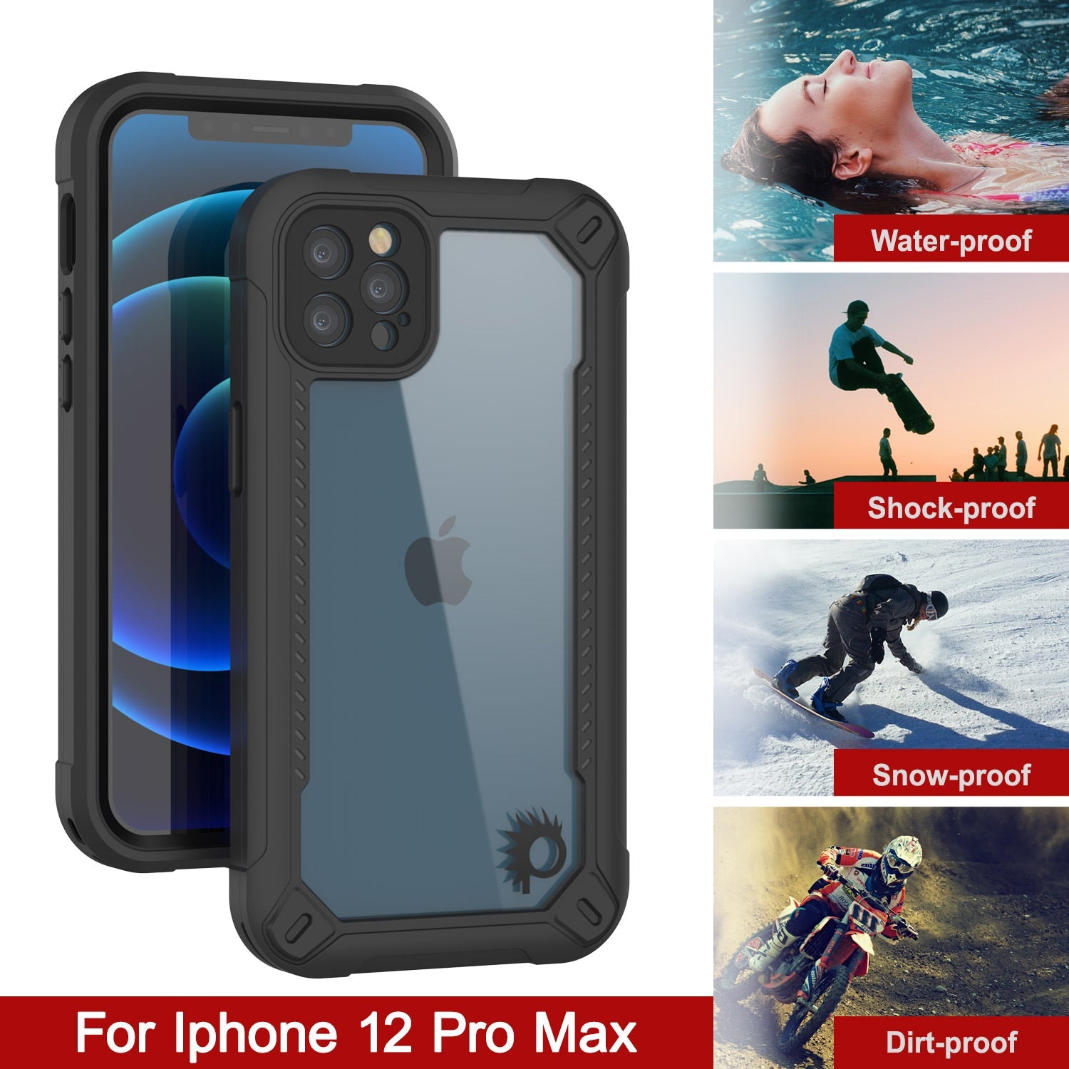 Capa à prova d'água IP68 para iPhone 12 Pro Max, Punkcase [Preto] [Série Maximus] [Ajuste fino] [Certificado IP68] [À prova de choque] Capa transparente Armor com protetor de tela | Proteção máxima