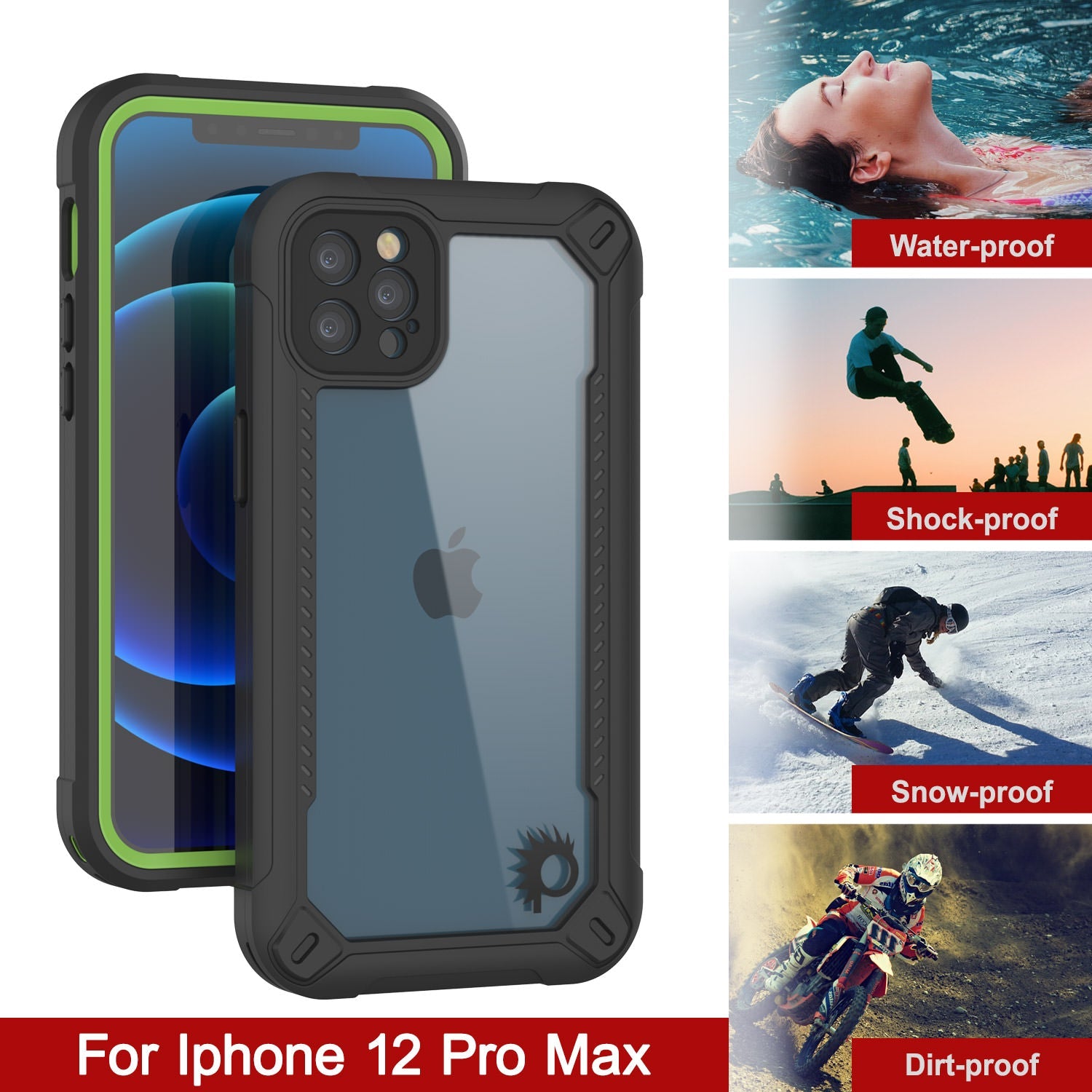 Capa à prova d'água IP68 para iPhone 12 Pro Max, Punkcase [Verde] [Série Maximus] [Ajuste Slim] [Certificado IP68] [À prova de choque] Capa transparente Armor Cover com protetor de tela | Proteção definitiva