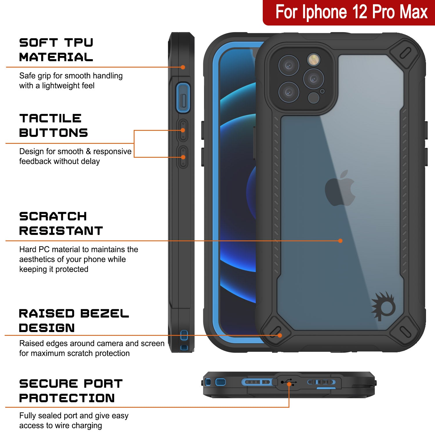 Capa à prova d'água IP68 para iPhone 12 Pro Max, Punkcase [Azul] [Série Maximus] [Ajuste Slim] [Certificado IP68] [Resistente a Choques] Capa Transparente com Protetor de Tela | Proteção Máxima