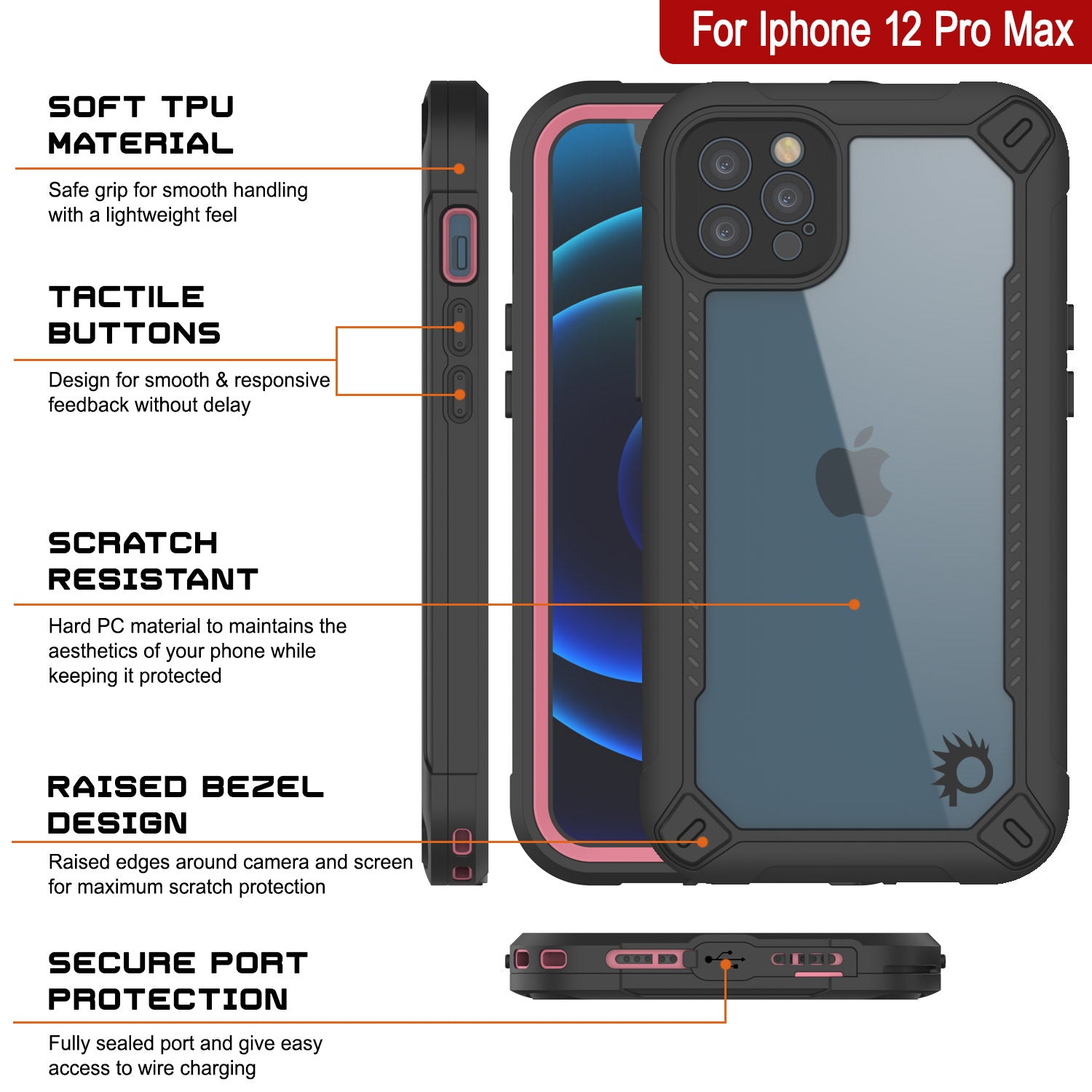 Capa à prova d'água IP68 para iPhone 12 Pro Max, Punkcase [rosa] [Série Maximus] [Ajuste Slim] [Certificado IP68] [Resistente a Choques] Capa Protetora Transparente com Protetor de Tela | Proteção Final