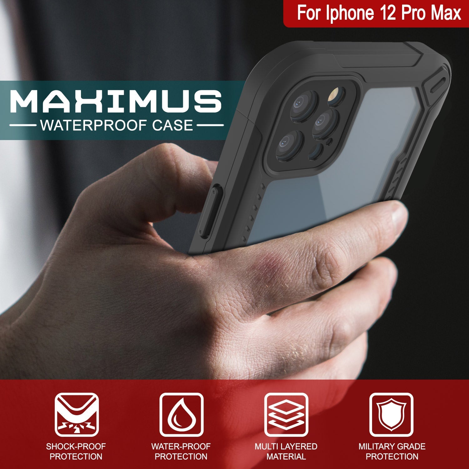 Capa à prova d'água IP68 para iPhone 12 Pro Max, Punkcase [teal] [Série Maximus] [Slim Fit] [Certificado IP68] [Resistente a Choques] Capa Transparente com Protetor de Tela | Proteção máxima