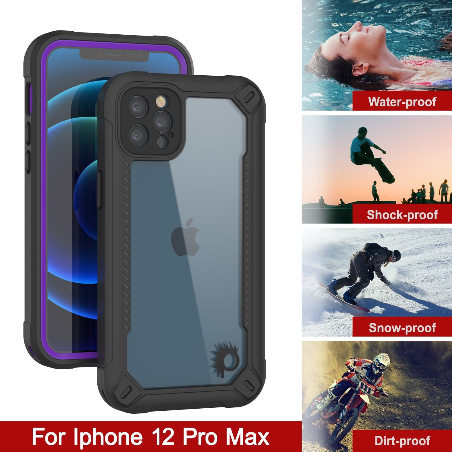 Capa à prova d'água IP68 para iPhone 12 Pro Max, Punkcase [Roxo] [Série Maximus] [Ajuste Slim] [Certificado IP68] [Resistente a Choques] Capa Transparente com Protetor de Tela | Proteção Total