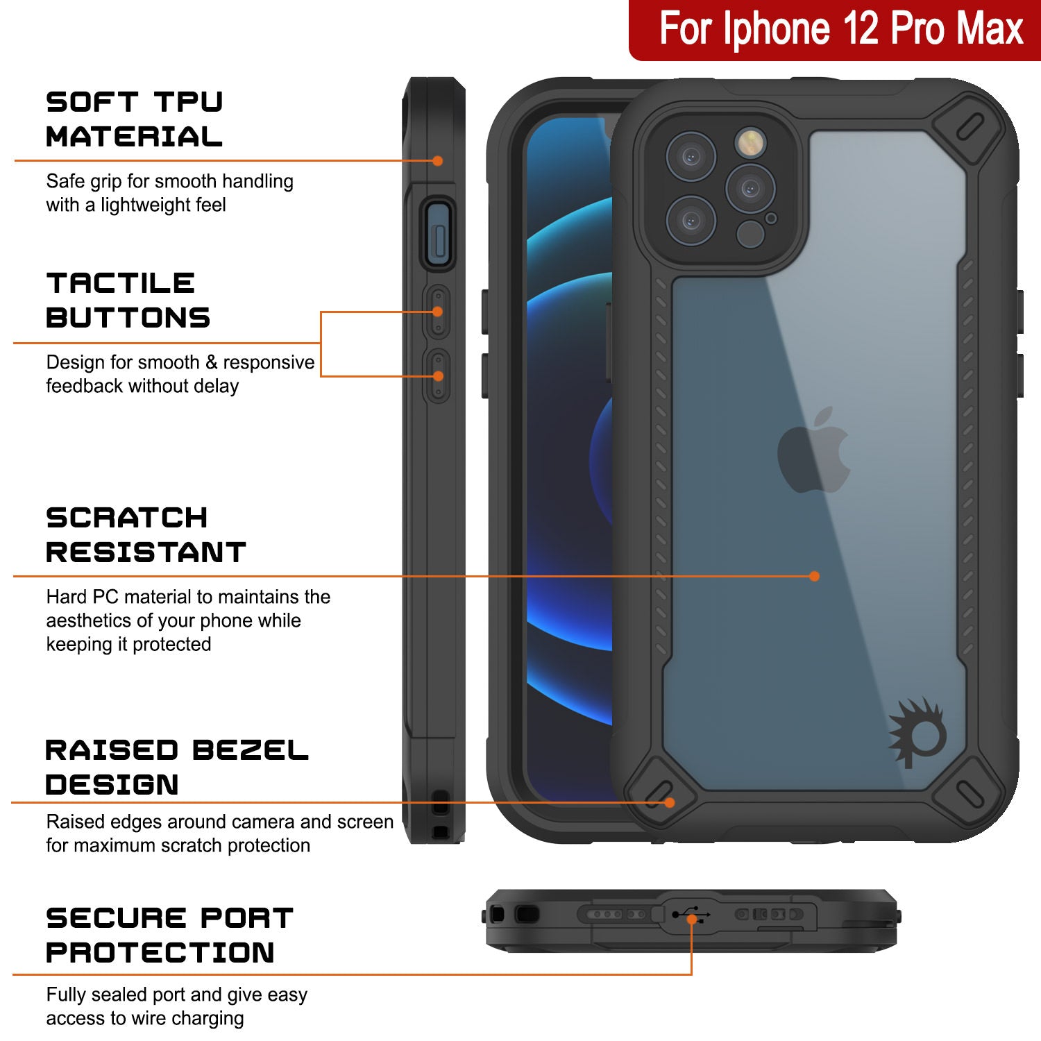 Capa à prova d'água IP68 para iPhone 12 Pro Max, Punkcase [Preto] [Série Maximus] [Ajuste fino] [Certificado IP68] [À prova de choque] Capa transparente Armor com protetor de tela | Proteção máxima