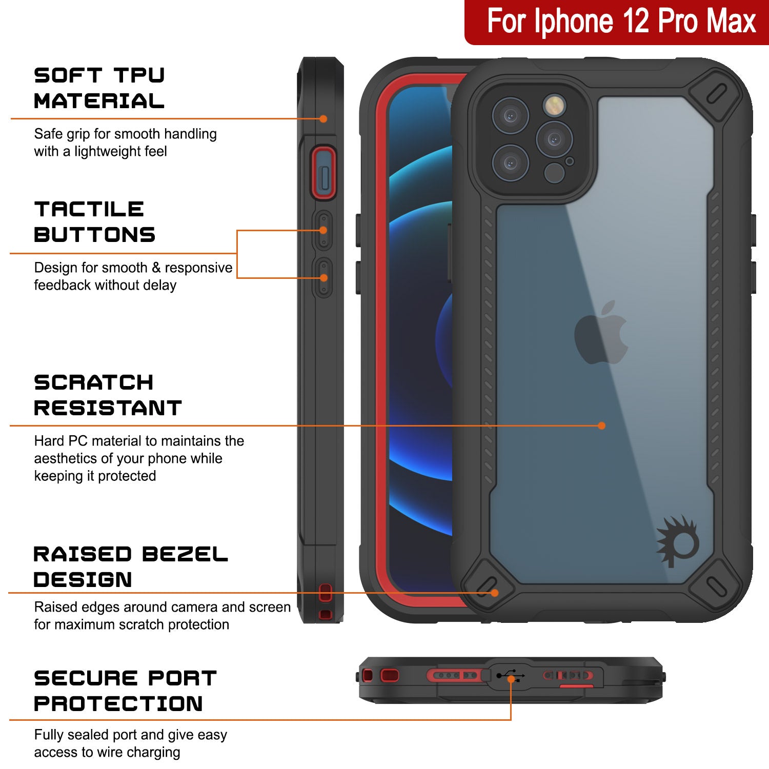 Capa à Prova d'Água IP68 para iPhone 12 Pro Max, Punkcase [vermelha] [Série Maximus] [Ajuste Fino] [Certificado IP68] [Resistente a Choques] Capa Transparente Armor com Protetor de Tela | Proteção Suprema