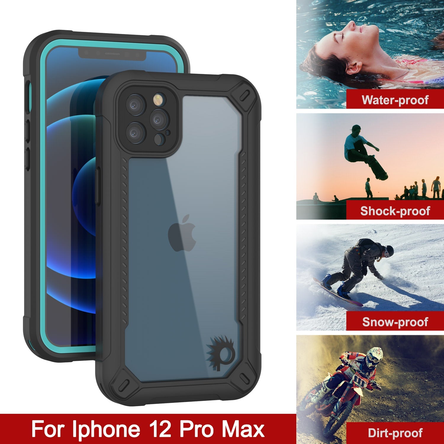 Capa à prova d'água IP68 para iPhone 12 Pro Max, Punkcase [teal] [Série Maximus] [Slim Fit] [Certificado IP68] [Resistente a Choques] Capa Transparente com Protetor de Tela | Proteção máxima