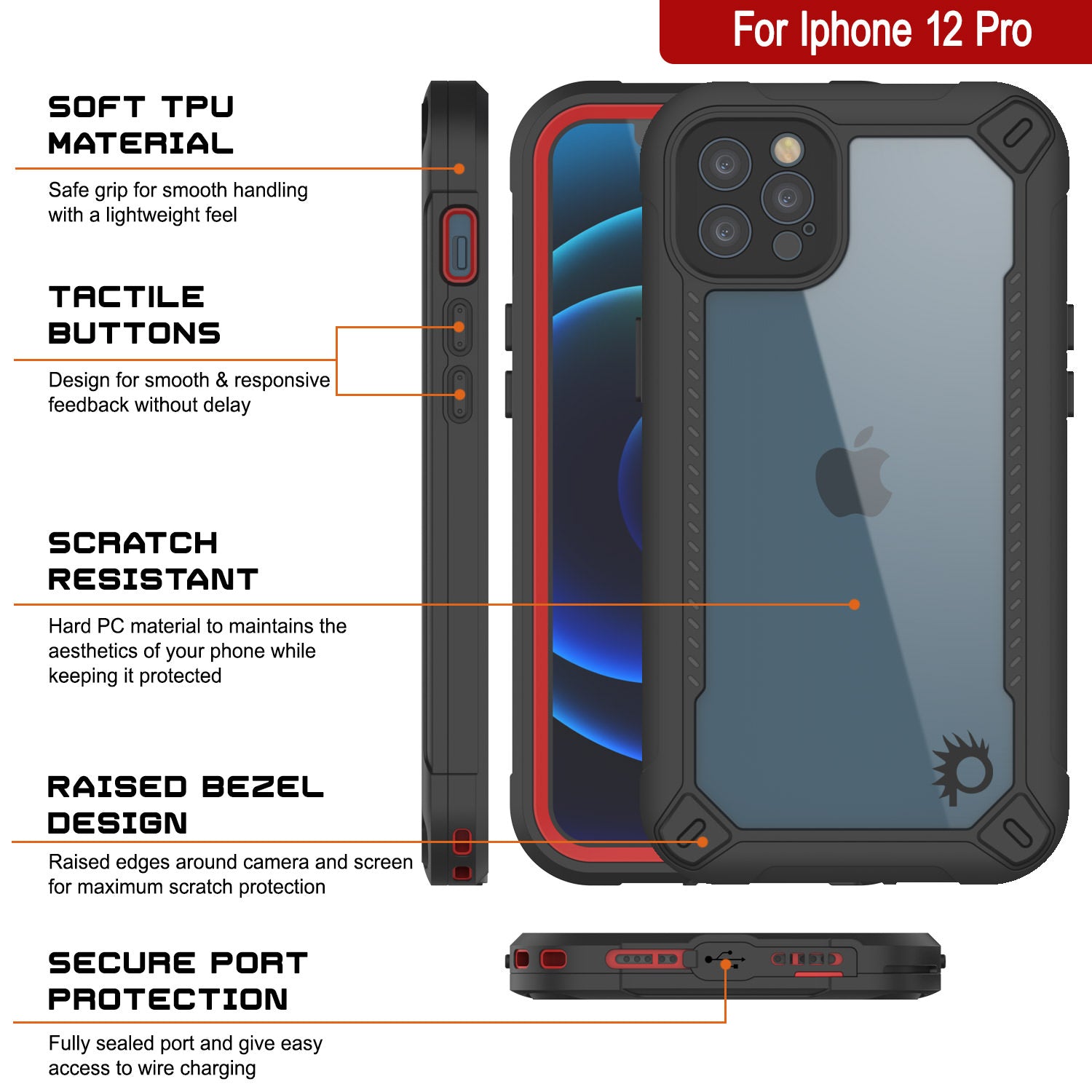 Capa à Prova d'Água IP68 para iPhone 12 Pro, Punkcase [vermelha] [Série Maximus] [Ajuste Fino] [Certificado IP68] [Resistente a Choques] Capa Transparente com Protetor de Tela | Proteção Total