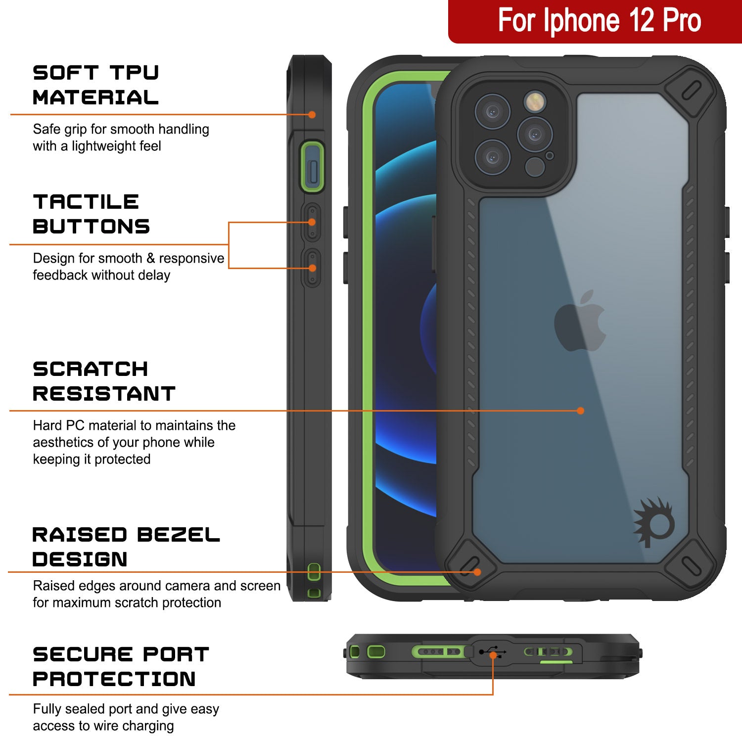 Capa à prova d'água IP68 para iPhone 12 Pro, Punkcase [Verde] [Série Maximus] [Ajuste Slim] [Certificado IP68] [Resistente a Choques] Capa Transparente com Protetor de Tela | Proteção Total