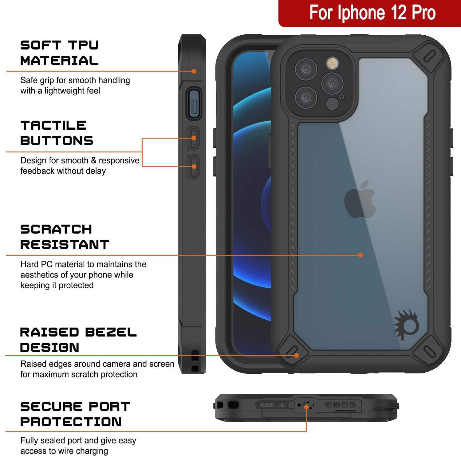 Capa à prova d'água IP68 para iPhone 12 Pro, Punkcase [Preto] [Série Maximus] [Slim Fit] [Certificado IP68] [Resistente a Impactos] Capa Armor Transparente com Protetor de Tela | Proteção Total