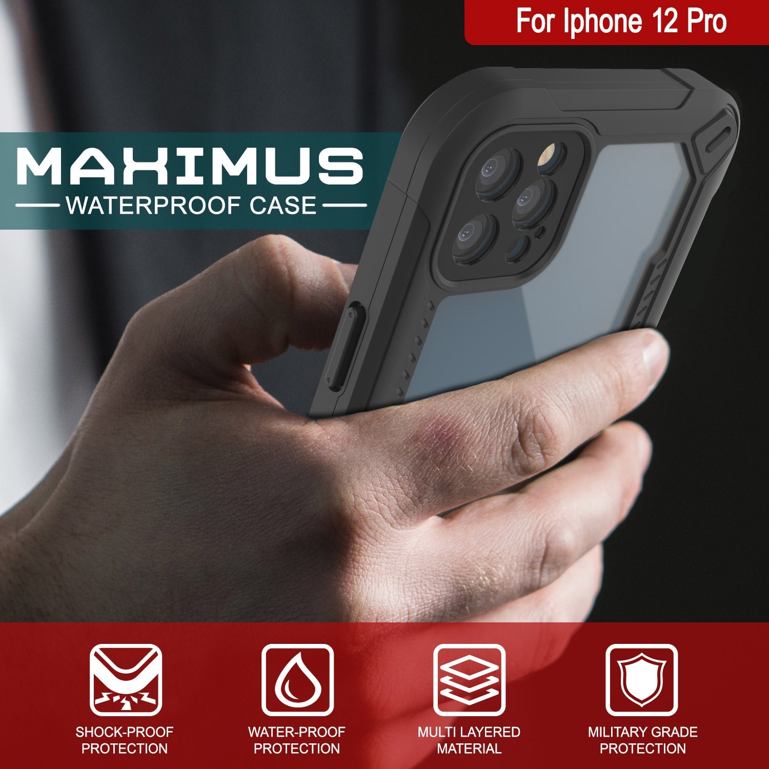 Capa à Prova d'Água IP68 para iPhone 12 Pro, Punkcase [Azul] [Série Maximus] [Slim Fit] [Certificado IP68] [À Prova de Choque] Capa Transparente com Protetor de Tela | Proteção Máxima